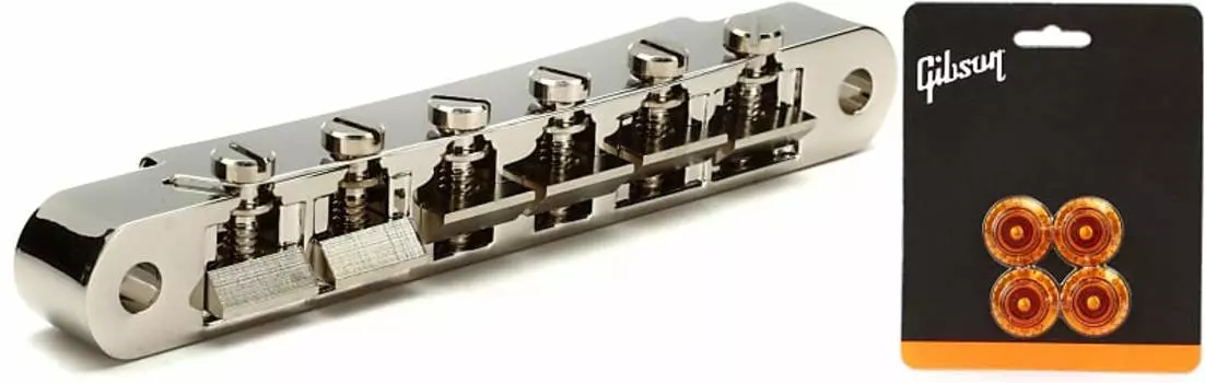 Gibson Accessories ABR-1 Tune-O-Matic Bridge with Full Assembly — Никелевый комплект с аксессуарами Gibson Top Hat Knobs, 4 шт. — Vintage Amber PBBR-015=1 PRHK-030=1