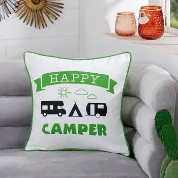 GILDE Подушка, квадратная, "Happy Camper", надпись, мотив каравана, полиэстер, зеленый, белый, Ш 45 см, В 45 см 44283