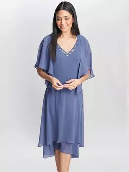 Gina Bacconi Cheryl Многоярусное шифоновое платье миди с жакетом, Wedgewood