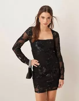 Gina Tricot прозрачное мини-платье с квадратным вырезом и вышитой аппликацией черного цвета