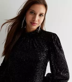 Gini London Черная блузка с высоким воротником и длинными рукавами с пайетками Gini London, черный