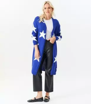 Gini London Синий Длинный Вязаный Кардиган со Звездами Gini London, синий