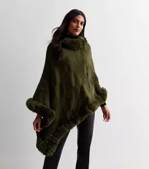 Gini London Вязаная накидка цвета хаки с отделкой из искусственного меха Gini London, оливковый