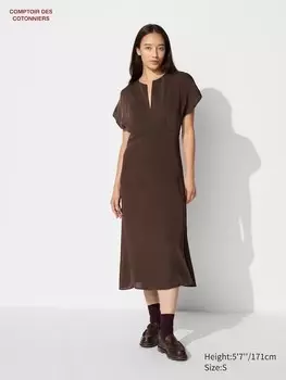 Гладкое длинное платье v-образный вырез, длинный рукав Uniqlo, коричневый