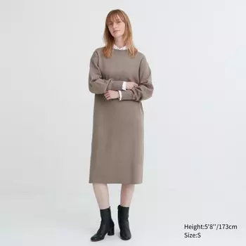 Гладкое платье из пряжи суфле с длинными рукавами Uniqlo, бежевый