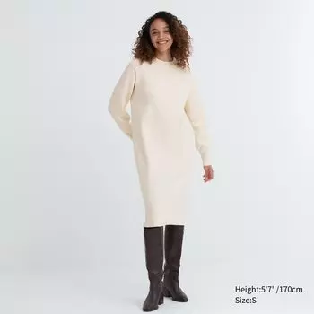 Гладкое платье из пряжи суфле с длинными рукавами Uniqlo, кремовый
