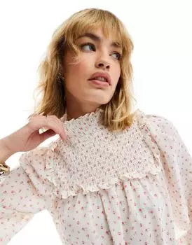 Glamorous – Короткое свободное платье кремового цвета с длинными рукавами и присборенной горловиной с цветами