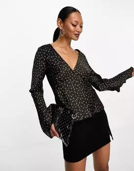 Гламурная блуза с v-образным вырезом и рукавами-фонариками коричневого цвета с бутоном розы Glamorous