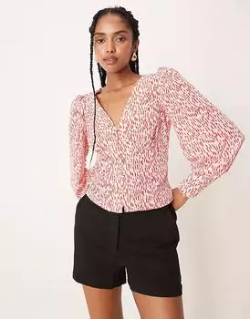 Гламурная блузка с V-образным вырезом и пуговицами спереди в бело-красном принте Glamorous