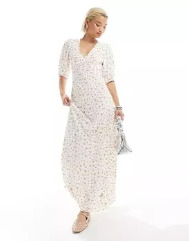 Гламурное бело-оранжевое платье миди с v-образным вырезом и принтом