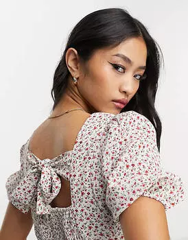 Гламурное чайное платье миди с квадратным вырезом и завязками на спине в винтажном цветочном стиле