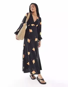 Гламурное макси-платье с V-образным вырезом и длинными рукавами в черном цвете с оранжевым цветком Glamorous