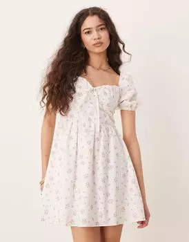 Гламурное мини-платье молочницы с рукавами-фонариками в розовом меланжевом цветочном узоре Glamorous