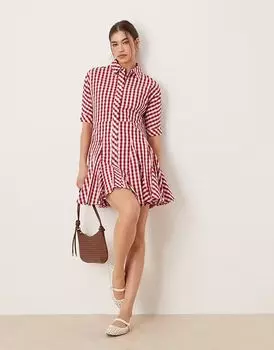 Гламурное мини-платье-рубашка Swing в вишнево-красную клетку Glamorous