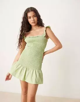 Гламурное мини-платье с квадратным вырезом яблочно-зеленого цвета Glamorous