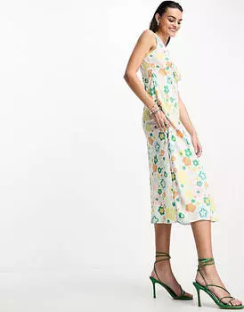 Гламурное платье-миди 90-х с весенним цветочным принтом в стиле ретро