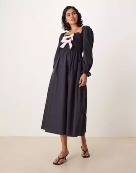 Гламурное платье миди с рукавами-фонариками и галстуком-бабочкой спереди в темно-синем цвете Glamorous