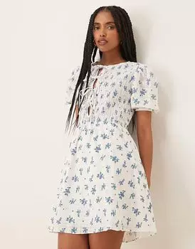 Гламурное платье с бантом и рукавами-фонариками в синем цветочном стиле Glamorous