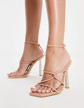 Гламурные бежевые босоножки на каблуке с ремешками и украшением