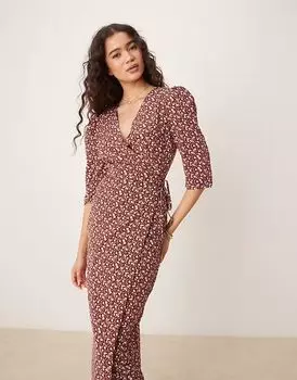 Гламурные платье миди с V-образным вырезом в мелкий бордовый цветочный узор Glamorous
