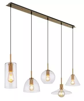 Globo Lighting подвесной легкий металл цвета латуни, матовый, прозрачное стекло, черный ПВХ-кабель, высота может быть уменьшена, 5 различных стекол, ДхШхВ: 1370x280x1200 мм, без 5x E27 60Вт 230В., серебро