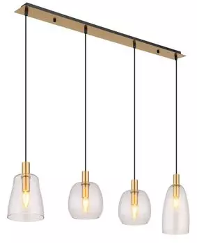 Globo Lighting подвесной легкий металл цвета латуни, латунь-алюминий, прозрачное стекло, черный ПВХ-кабель, высота может быть уменьшена, направление света: вниз, 3 разных стекла, ДхШхВ: 1070x160x1200 мм, без 4x E14 40 Вт 230 В.