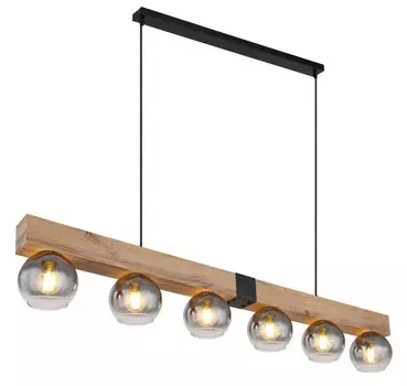 Globo Lighting подвесной светильник металлический черный матовый, МДФ под темное дерево, дымчатое стекло, прозрачный, черный текстильный кабель, высота может быть уменьшена, балка KD - разделена посередине, ДхШхВ: 1400x150x1200 мм, без 6x E27 40...