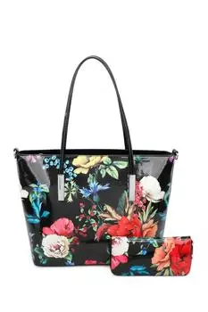 Глянцевая большая сумка через плечо и кошелек Fleur с цветочным принтом 2 в 1 Fontanella Fashion, черный