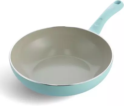 Глубокая сковорода-вок Greenpan Green Chef, 11,0 дюймов (28 см), совместимость с IH, керамическая отделка, внутреннее и внешнее антипригарное покрытие для легкой чистки, нетоксичные материалы, земляной цвет, мятно-зеленый, Mintgreen