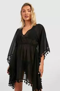 Глубокий пляжный кафтан из шифона с кисточками boohoo, черный