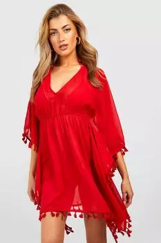Глубокий пляжный кафтан из шифона с кисточками boohoo, красный