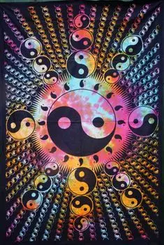 Гобелен в стиле Бохо, Индийское покрывало - Инь Ян/Батик, Разноцветный, Хлопок, 140*190*0,2 см, Плед на кровать, Плед на диван Guru-Shop