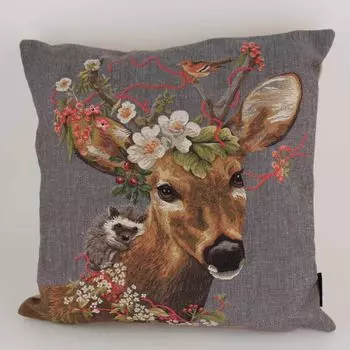 Гобеленовая подушка Mars & More из косули с цветами и ёжиками ок. 45х45см.