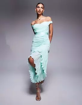 Goddiva Плиссированное платье мидакси с высоким и низким ярусом из шифона в мятном цвете