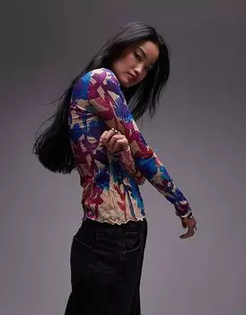 Гофрированный топ с длинными рукавами и акварельным цветочным узором в многоцветном исполнении Topshop