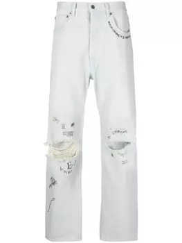 Golden Goose прямые джинсы с эффектом потертости и принтом, синий