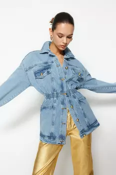Голубая длинная джинсовая куртка оверсайз с золотыми пуговицами и эластичным поясом Trendyol, синий