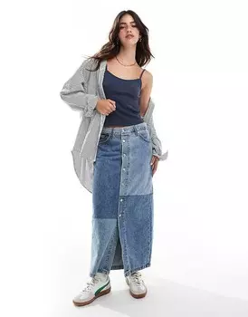Голубая джинсовая юбка миди с нашивками на пуговицах Levi's
