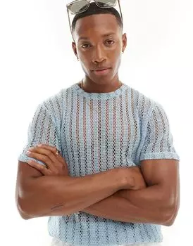 Голубая футболка ASOS DESIGN, связанная крючком
