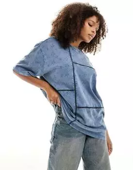 Голубая футболка оверсайз из английской вышивки в стиле пэчворк ASOS DESIGN