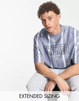Голубая футболка в полоску оверсайз с принтом Чикаго на груди ASOS DESIGN