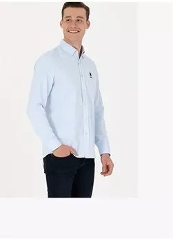 Голубая мужская рубашка узкого кроя с воротником на пуговицах NOVA023K U.S. Polo Assn., светло-синий