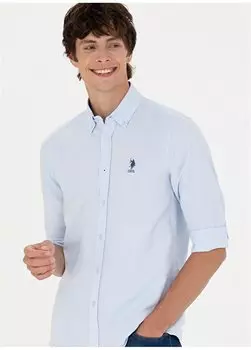Голубая мужская рубашка узкого кроя с воротником на пуговицах GOX023K U.S. Polo Assn., светло-синий
