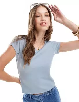 Голубая приталенная футболка с v-образным вырезом и короткими рукавами ASOS