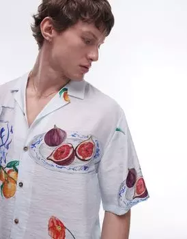 Голубая рубашка свободного кроя с короткими рукавами и нарисованным от руки принтом Topman