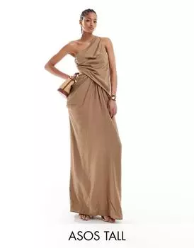 Голубо-серое платье макси с драпировкой на одно плечо и пышной юбкой ASOS DESIGN Tall