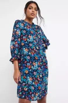 Голубое двухслойное платье-трапеция Dobby с цветочным принтом JD Williams, синий