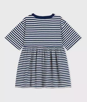 Голубое хлопковое платье в полоску с рукавами 3/4 для девочек Petit Bateau, синий