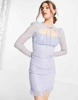 Голубое кружевное мини-платье мини с рюшами и завязками на шее ASOS DESIGN