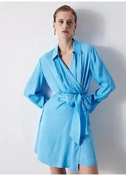 Голубое мини-женское платье с рубашечным воротником pekyol